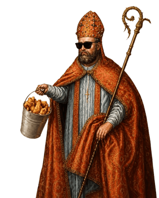 Tendieman: a bishop in sunglasses carrying a bucket of tenders